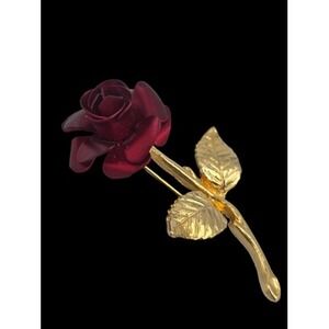 Vintage Gold Tone Red Enamel Rose Brooch Pin Floral Romantic Jewelry 2"